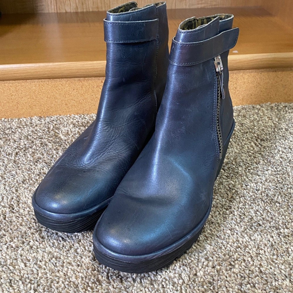 Fly London Yip Leather Wedge Ankle Boots Dark Blue Side Zip 42